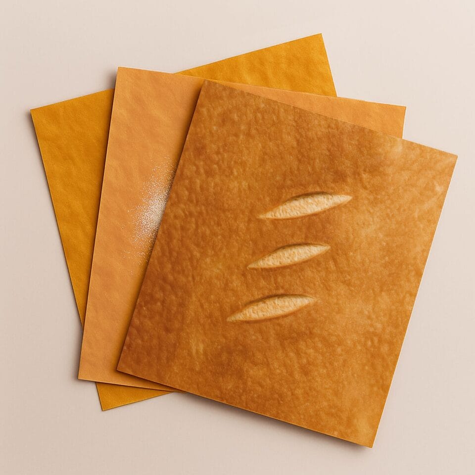 three sheets of wrapping paper with realistic bread designs