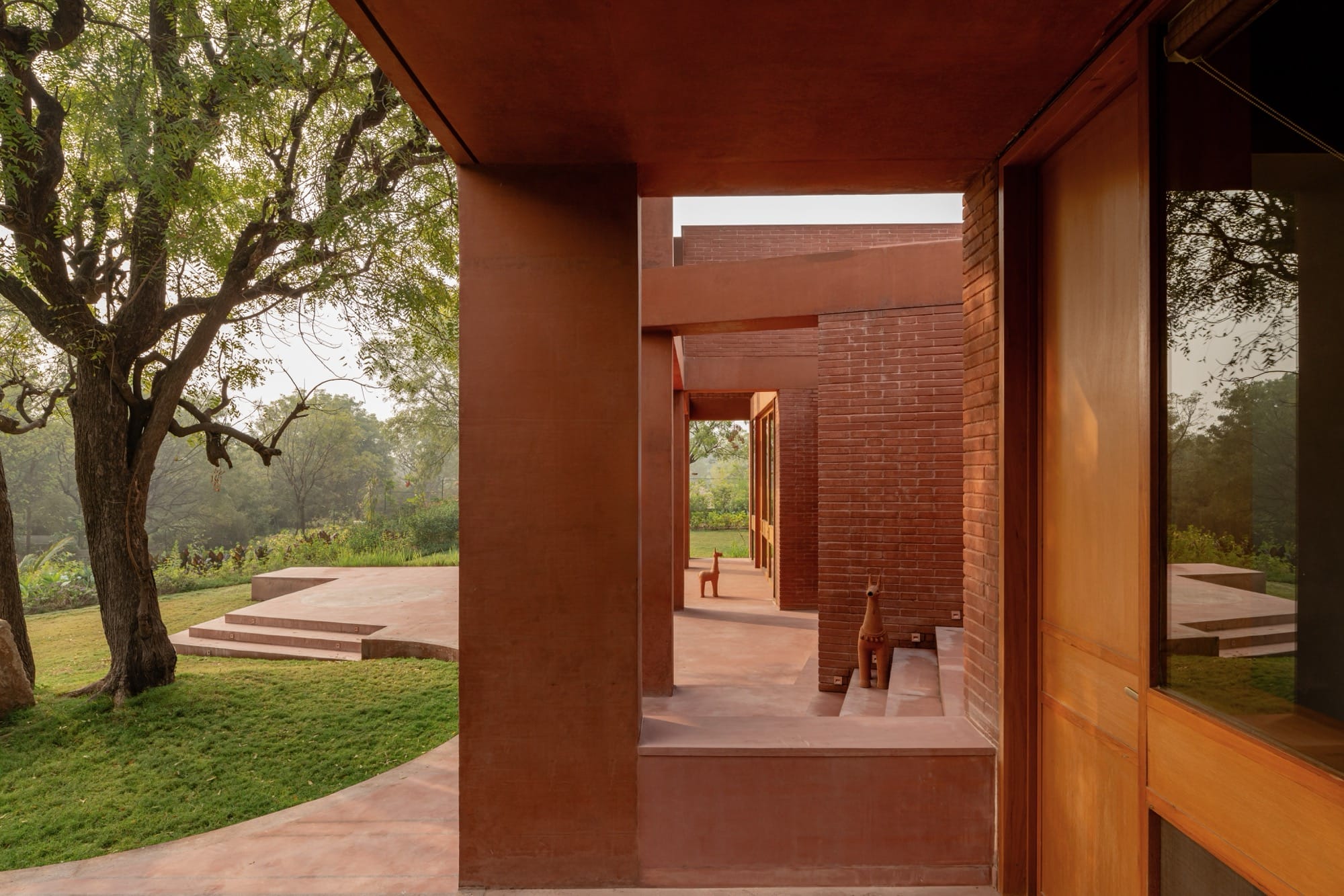 a detail of a contemporary brick home veranda